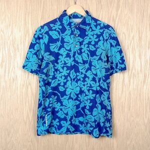 Tommy Bahama Polo Shirt Blue Floral Hawaiian Print